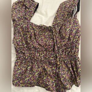 J Crew Liberty Black and Pink Cinched-Waist Top